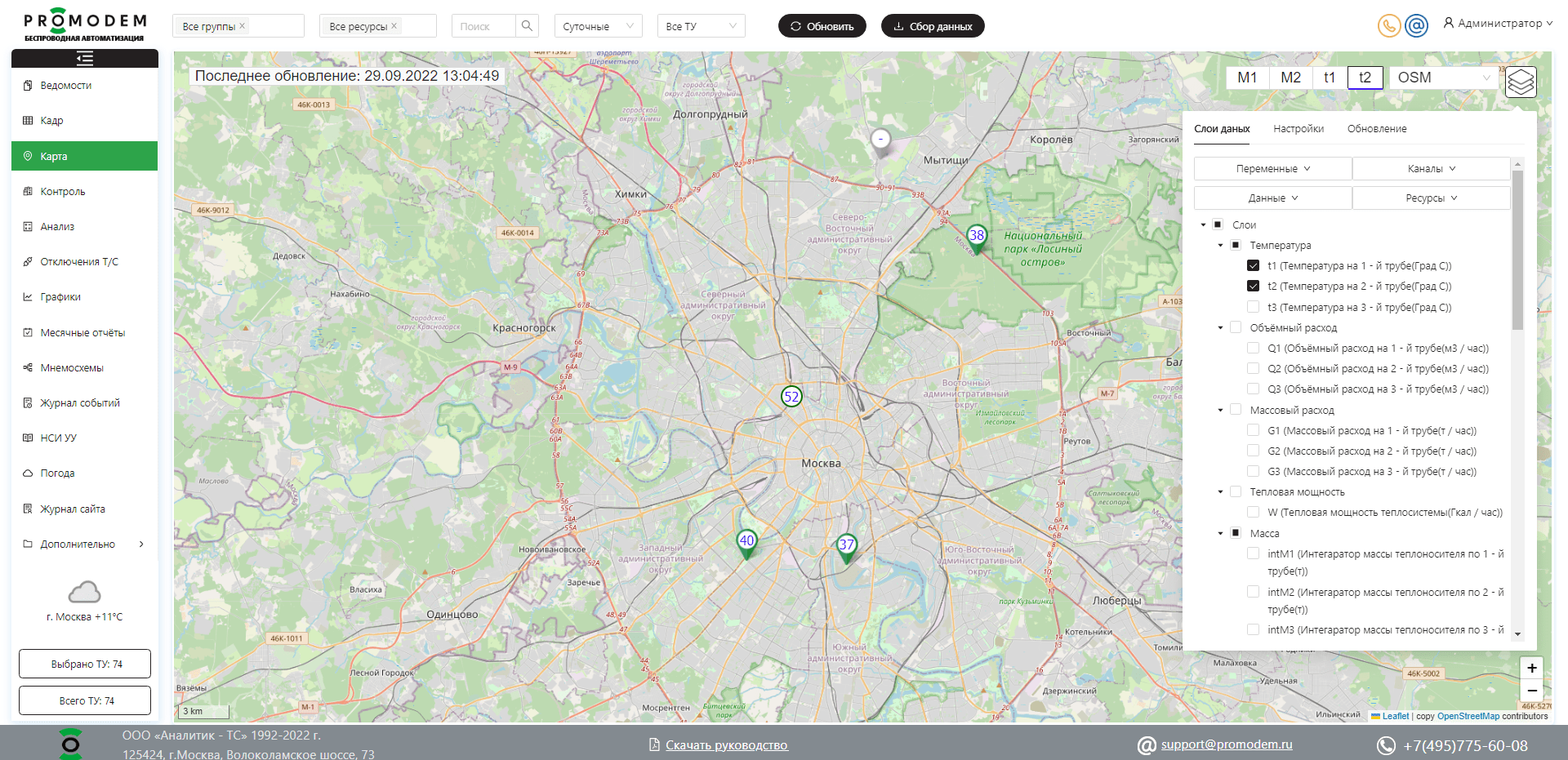 Отображение точек учета на интерактивной карте местности и настройка индикации текущих показаний